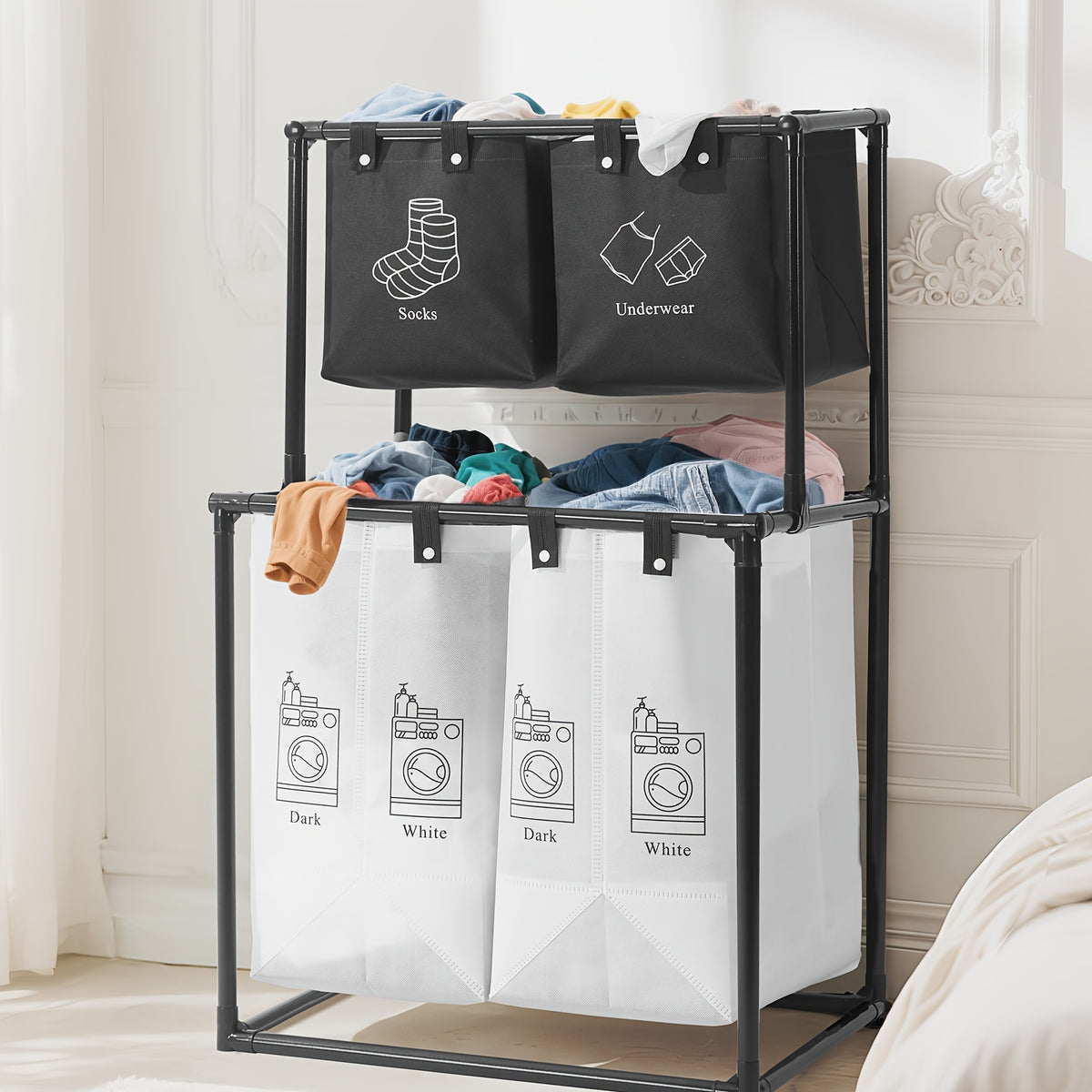 2 Compartment Laundry Hamper (No Wheels) - 2 Tier Laundry Sorter With Handles - Sturdy Metal Frame & Breathable Mesh Bags - Space Saving Clothes Organizer For Home, Apartment, Add 10 Cable Ties For Securing, Dirty Laundry Basket, Laundry Baskets