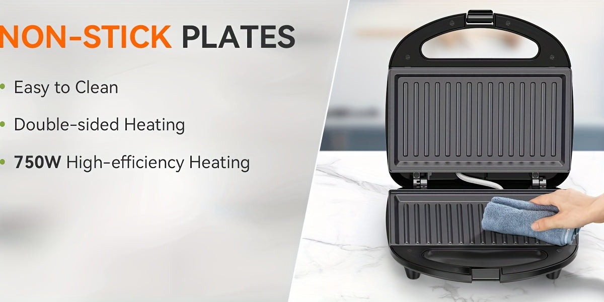 2-Sandwich Maker, Non-Stick Belgian Waffle Iron With Indicator Lights, 750W Rapid Heating, Cool Touch Handle, Easy-to-Clean Plates, Compact Design For Breakfast, Snacks, and Desserts