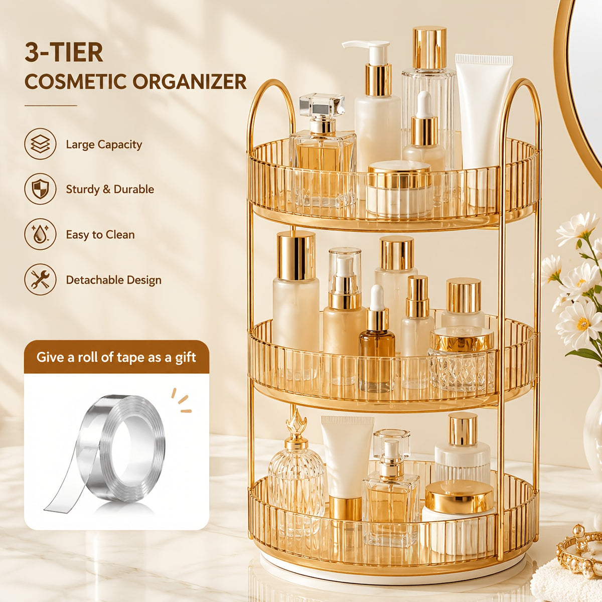 Rotating Cosmetic Storage Rack, A 360-Degree Rotating Cosmetic Storage Multi-Functional Brush, Lipstick, Skin Care Products And Stationery Storage Box - Durable, Odorless, Luxurious Striped Design Desktop Storage Box, Giving Tape As a Gift