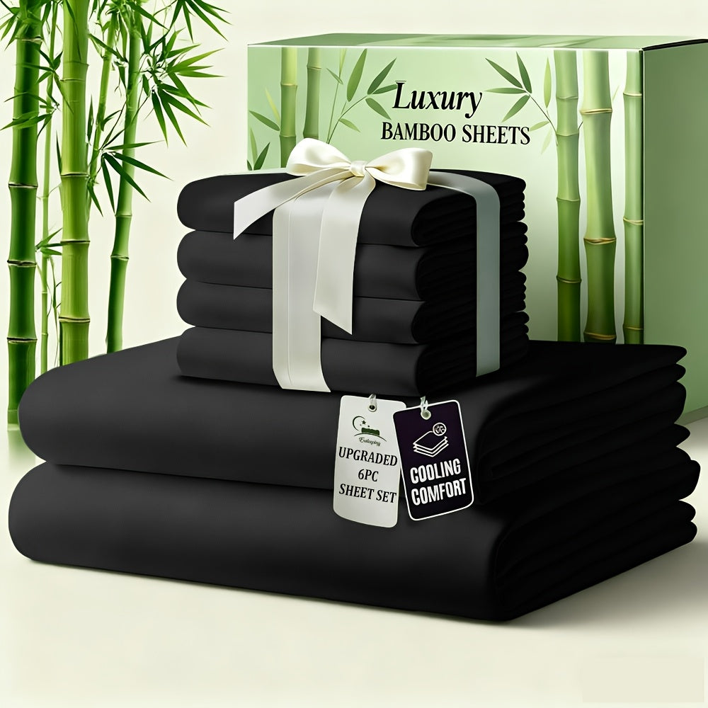 6pcs Luxury Bamboo Cooling Bed Sheet Sets - Viscose Derived From Bamboo Sheets Queen/King Size - Luxuriously Ultra Soft & Breathable Bedding Sheet Set - Deep Pocket Fitted Sheet with Bamboo Texture, Wrinkle-Resistant Soft Sheets