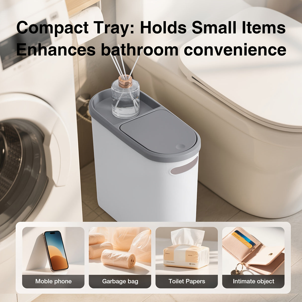 2/1pc Bathroom Trash Can, Compact And Durable Plastic Wastebasket With Built-in Handles, Easy To Clean, Rustproof, Space-Saving Design, Ideal For Small Spaces In Bathroom, Laundry, And Home Office