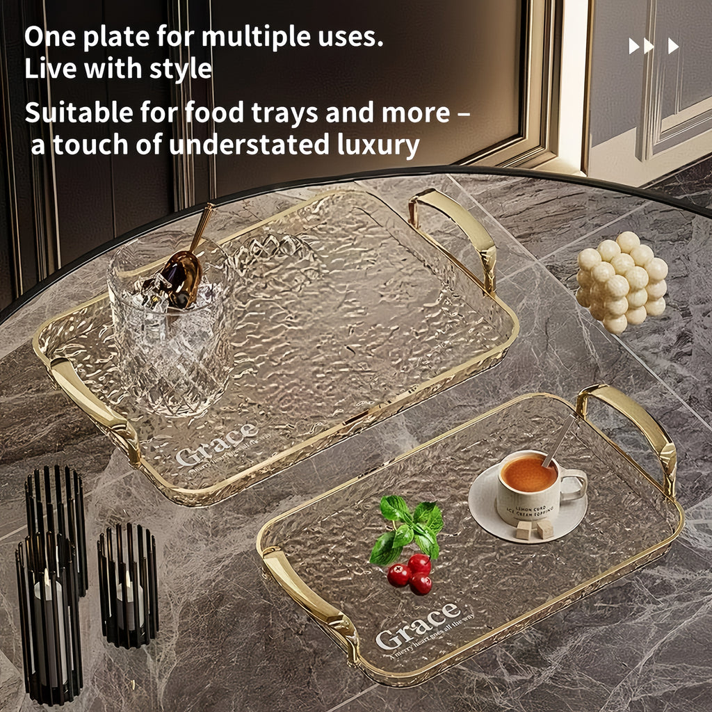 3pcs Transparent Elegant Golden-Rimmed Rectangular Trays Set, Large/Medium/Small PTE Transparent Serving Platters with Handles - Ideal for Fruits, Snacks, Pastries | Perfect for Parties & Festivals, Trays for Serving Food, Party & Festival Essenti