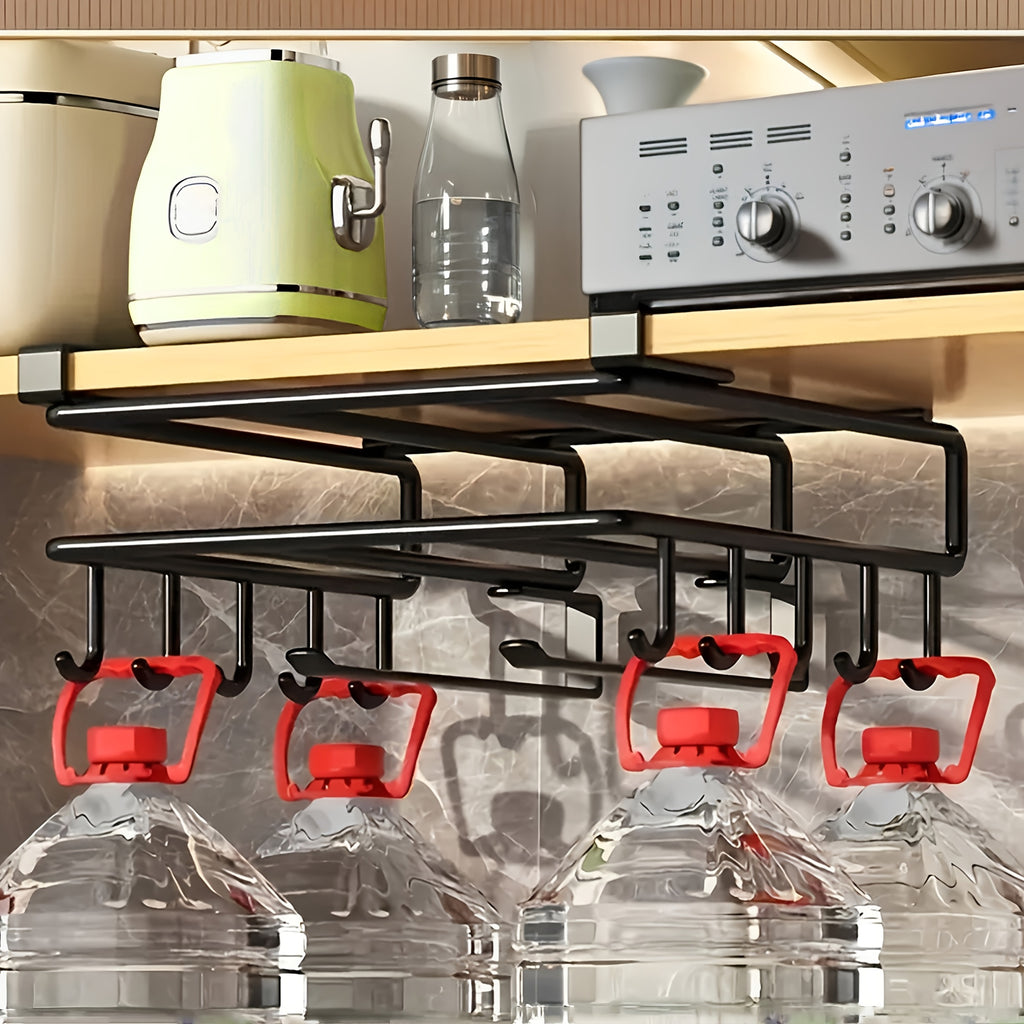 1pc Cabinet Organizer Holder, Cabinet Holder Rack, Bathroom Towel Holder Under Cabinet, Hanging Shelf Under Cabinet with Multiple Hooks for Cups, Kitchen Utensils, And Cutting Boards(Black)