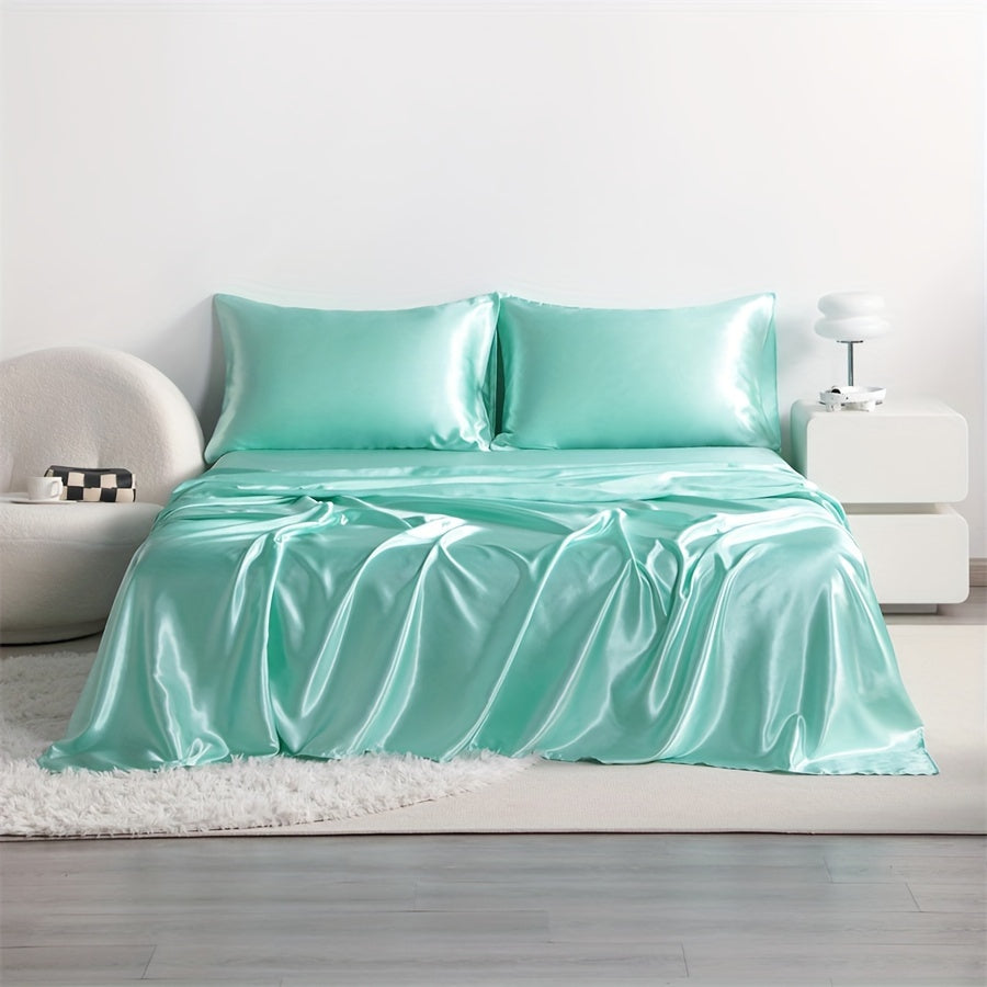 4pcs Cooling Satin Bed Sheet Set, Shrink-Resistant, Fade-Resistant, Hypoallergenic, Breathable,Flat Sheet & Fitted Sheet & Pillowcase Set with Deep Pocket, 300 Gsm