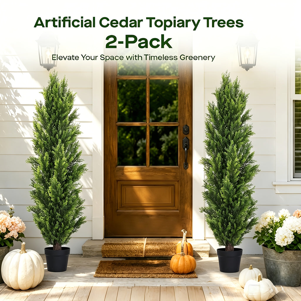 2 Pack Modern Cedar Topiary Trees | UV-Resistant & Low Maintenance Faux Greenery For Outdoor & Indoor | Decor For Patio, Garden, Office