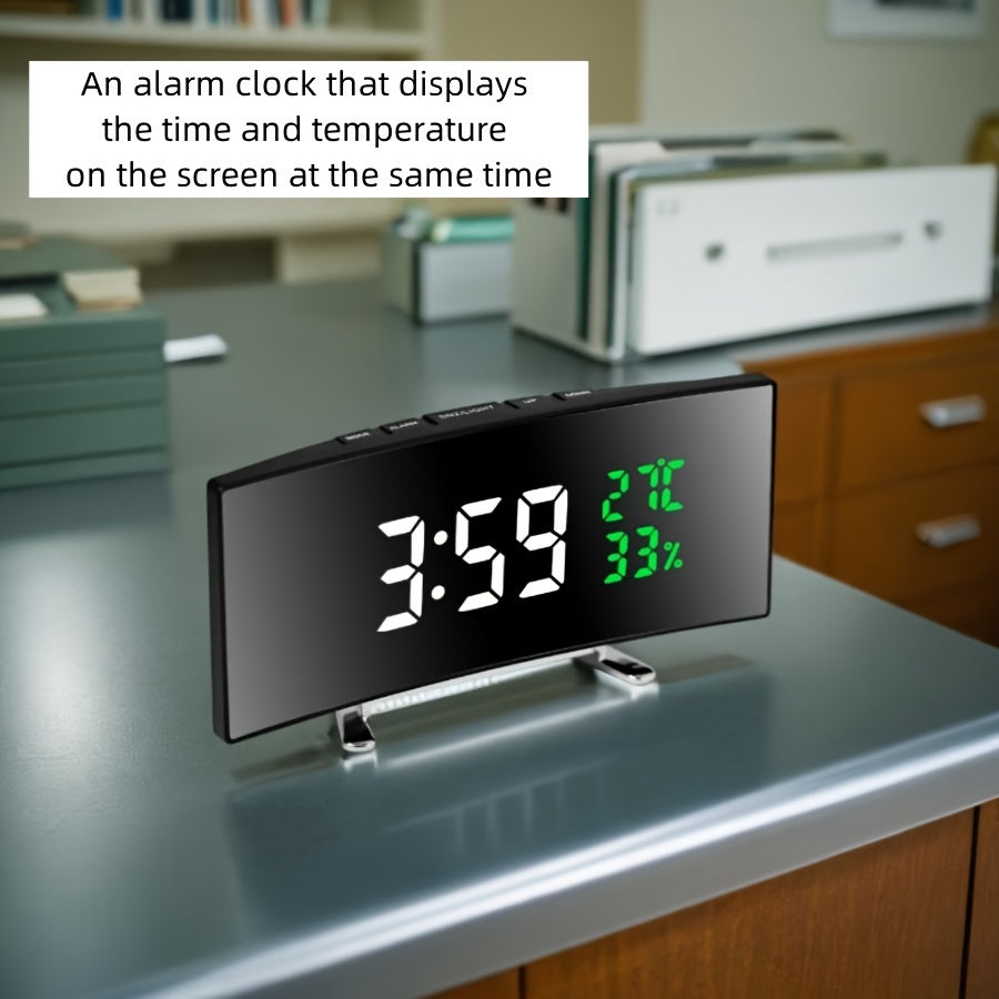 1pc 6.6-Inch Multifunctional LED Alarm Clock with Curved Large Screen Display - Desk Clock Can Show Time, Temperature, and Humidity, Plug-In Use/ Three-Section Seven Battery (Only Battery Use Screen Will Automatically Turn Off)