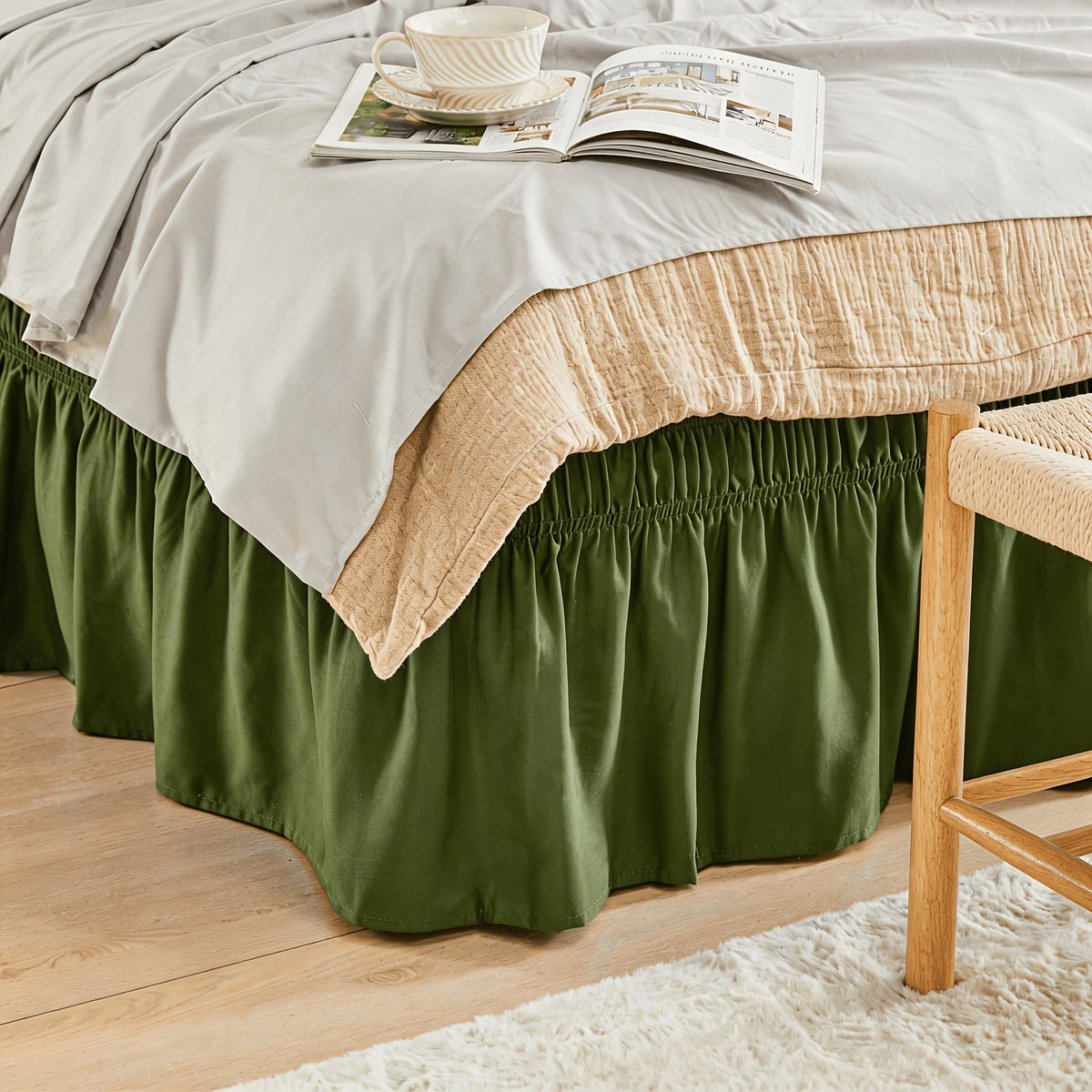 Leafy Sleep Elastic Bed Ruffle, Easy Wrap Around Ruffle, Microfiber Bed Skirt with Adjustable Elastic Belt 15 Inch Tailored Drop, Hotel Quality Bed Skirt, Fade Resistant, Easy Fit, Machine Washable