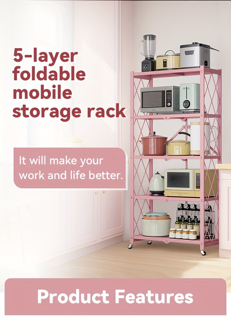 No-Assembly Rolling Storage Rack, 3 4 or 5 Tier Folding Metal Shelves with Locking Wheels in Pink, Green, Black or White for Kitchen and Dorm Organization