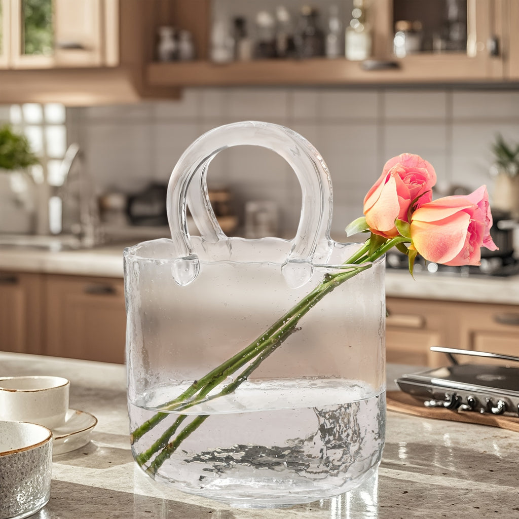 TOMNK Flower Vase in The Shape of a Purse, Designed for Flowers And As a Fish Bowl with Bubbles. This Charming And Distinctive Handbag Vase Is Transparent, Suitable for Fish Tanks And Hydroponic Planting. It Serves As Home Decoration