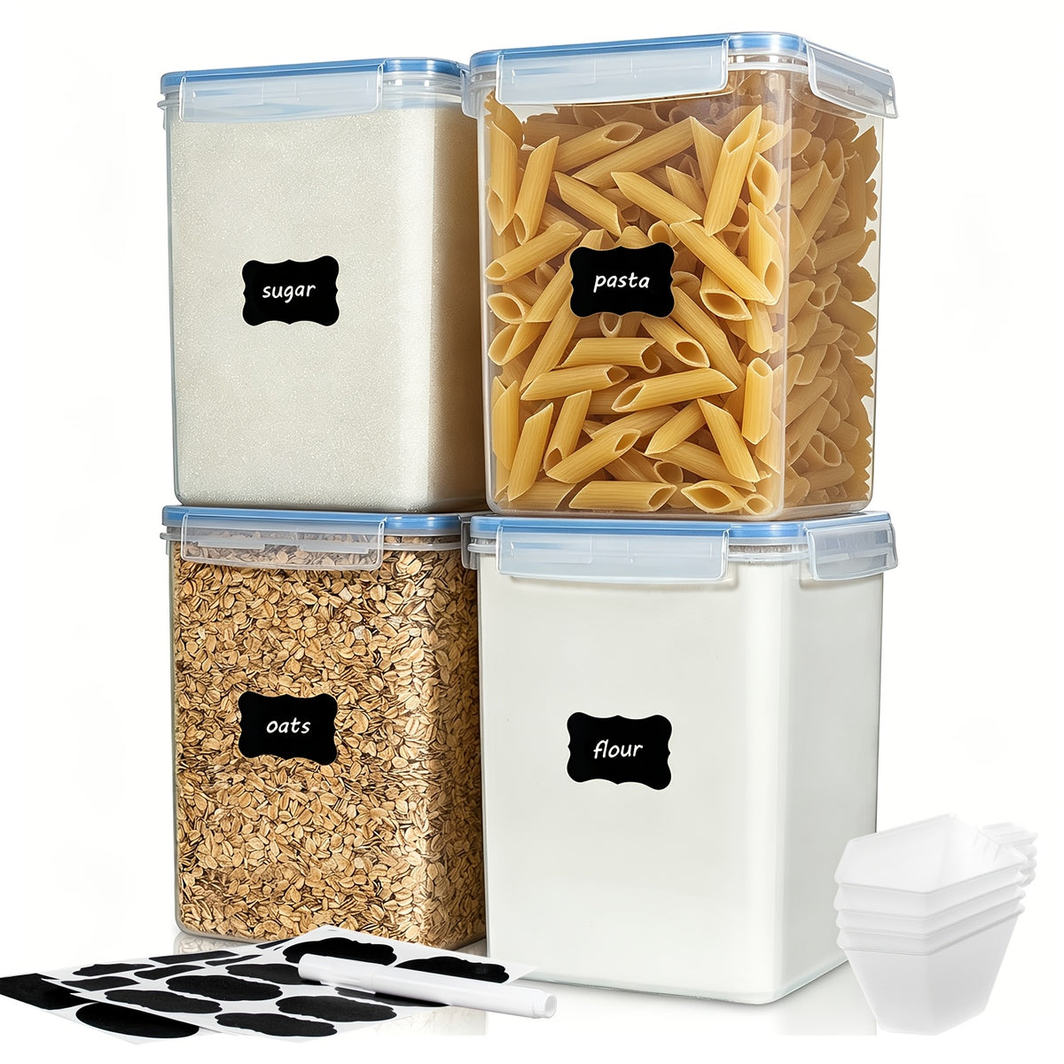 Large Airtight Food Storage Containers, 4-Pack 5.2L BPA-Free Plastic Canisters with Measuring Cups and Labels for Flour, Sugar, Rice and Pantry Organization
