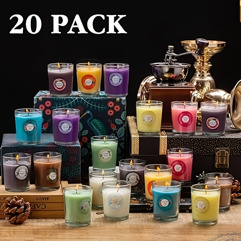 20pcs Scented Candles (2.6inch X 1.9inch), Containing 10 Different Scents, Packaged in Glass Jars Made of Soy Wax. The Fragrance Is Rich And Suitable for Use on Occasions Such As Ladies' Birthdays, Presidents' Day, Halloween, Christmas, Etc