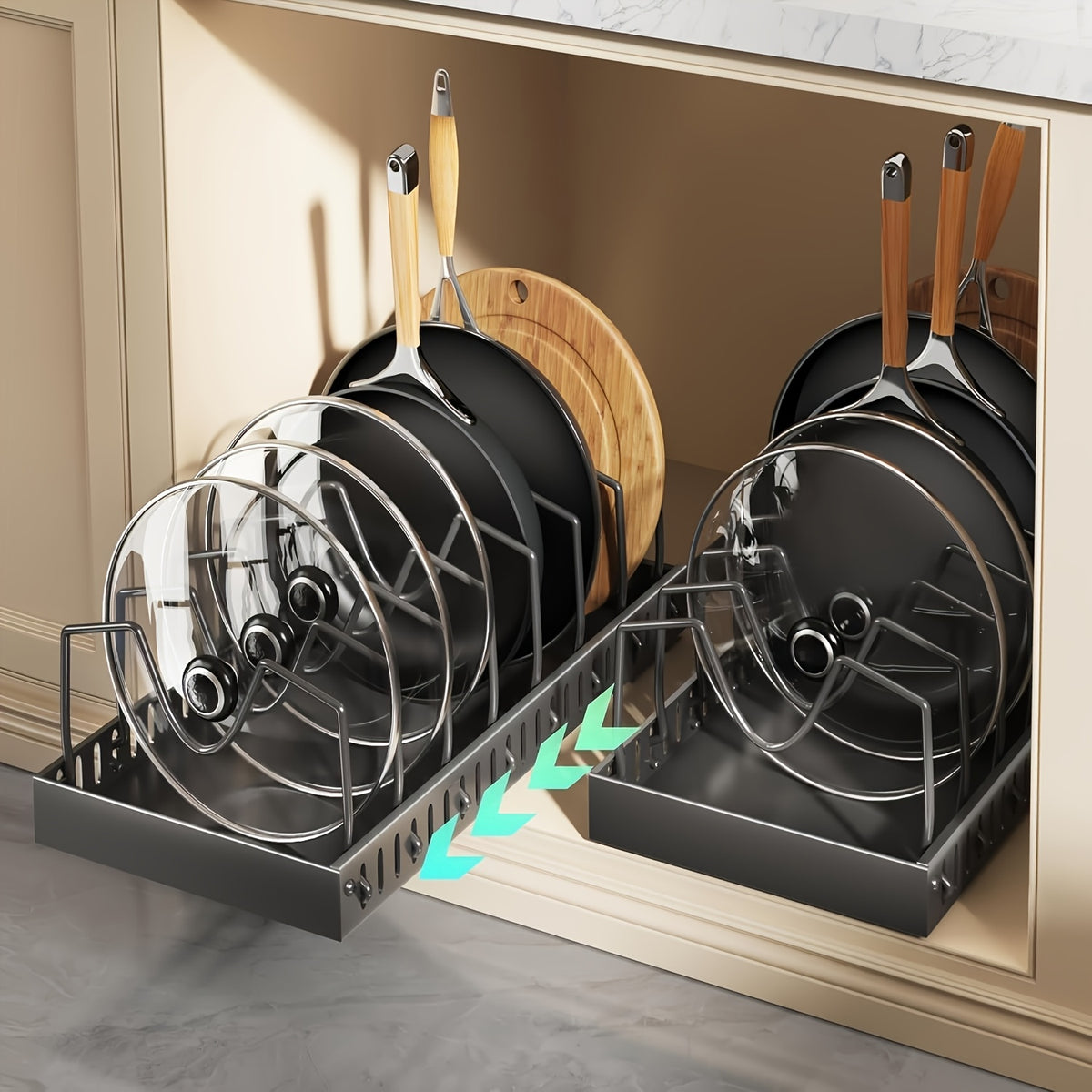 [Kitchen Accessories] 1/2Pcs Cabinet Pull-Out Pot Rack, A Sliding Pot Lid Holder And Flat Pan Holder For The Kitchen, A Sliding Storage Box Within The Cabinet, Suitable For Storing Pot Lids, Baking Utensils, And Plates. 8/16 Adjustable Dividers. Kitchen A