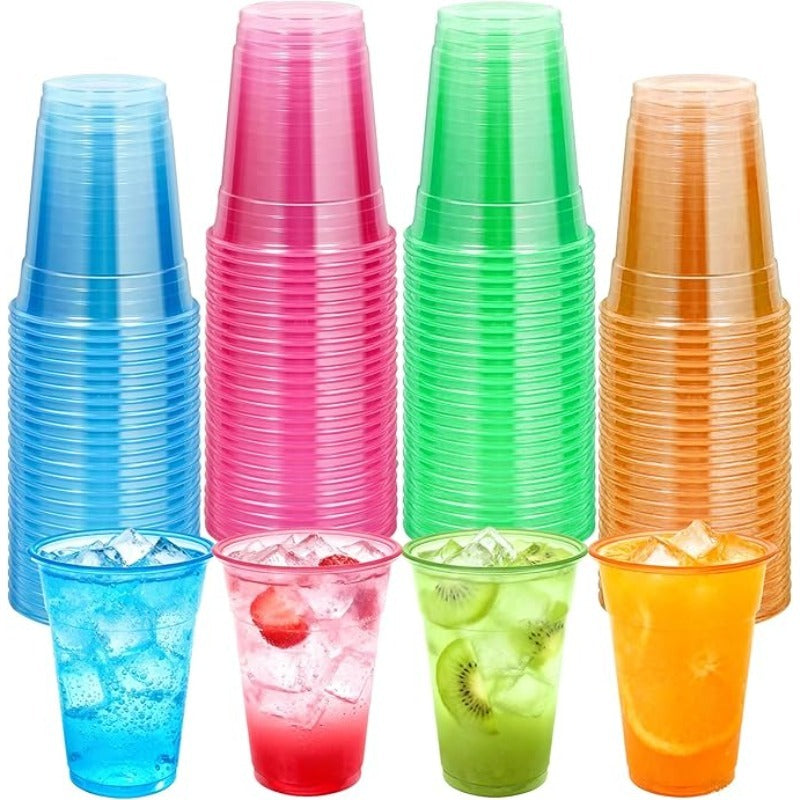 100pcs Plastic for Neon Cups, 12/16Oz Disposable Glowing Cups for Neon Party Decorations, Colorful Glow-In-The-Dark Suitable for Carnival Parties, Christmas, Thanksgiving, Halloween Holidays
