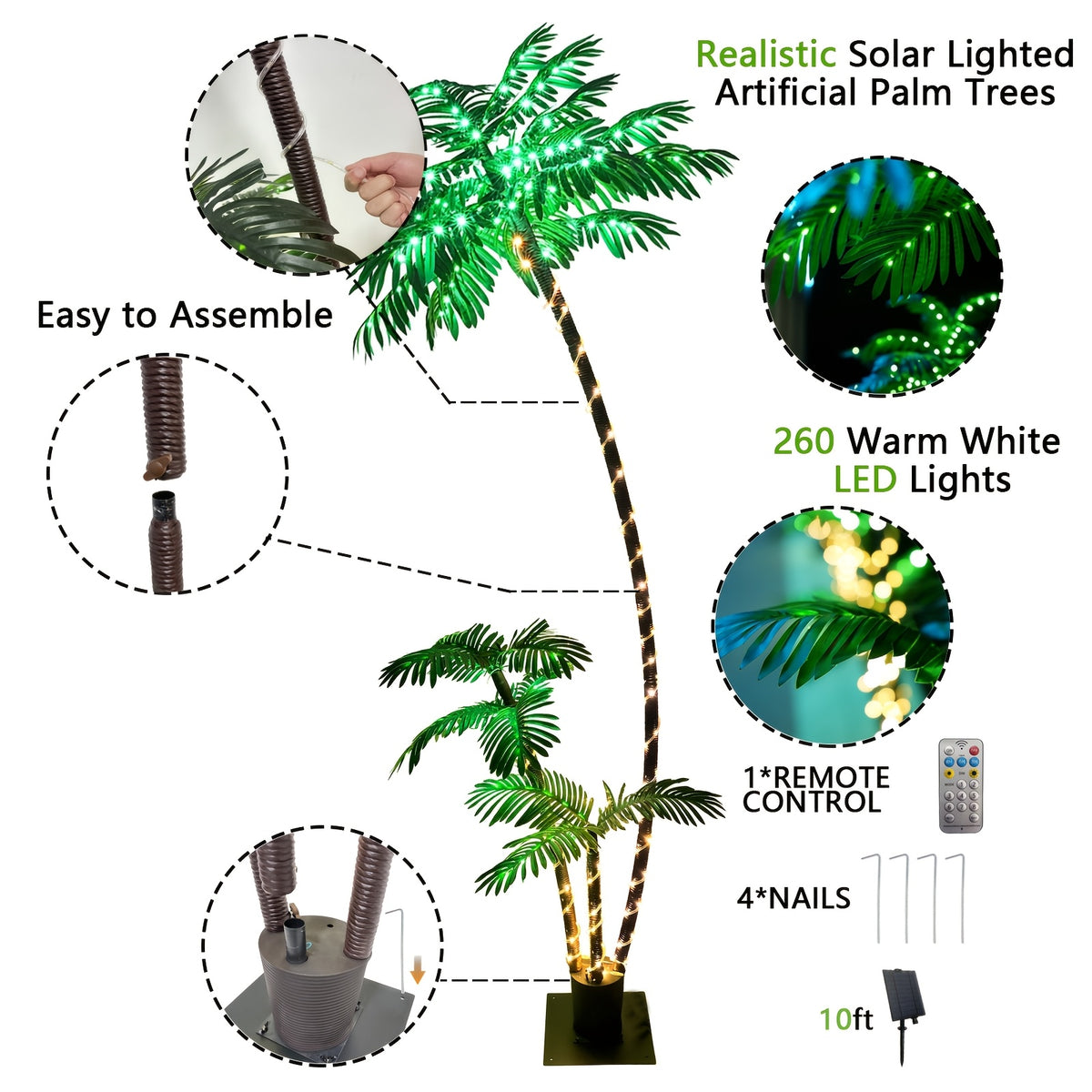 7ft Solar Lighted Artificial Palm Tree 260 LEDs for Outdoor Tiki Bars, Christmas Decoration, Patios, Beaches, Yards Pool, Party, Outdoor Lighting Decor, Poolside Illumination, Artificial Palm Tree Decor, Solar Palm Tree Light, Tropical Palm Silhouette, Fl