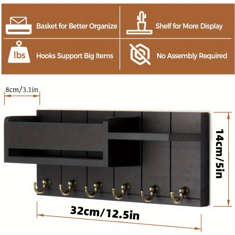 Rustic Key and Mail Organizer, Wood Wall Mounted Storage Rack with Mail Slot, Multiple Hooks and Shelf for Entryway, Hallway and Living Room