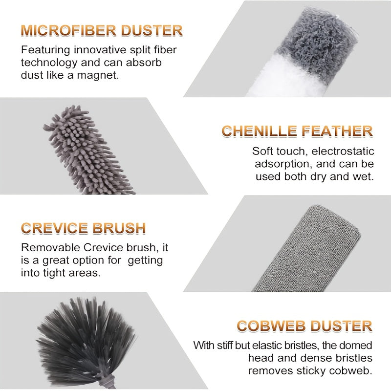 9/12pcs Microfiber Duster Kit for High Ceiling, Extendable Dusters for Cleaning with 100" Extension Pole, Washable and Retractable Long Feather Duster for Home Car Furniture Cobweb, Blinds, House Cleaning Tool Kit