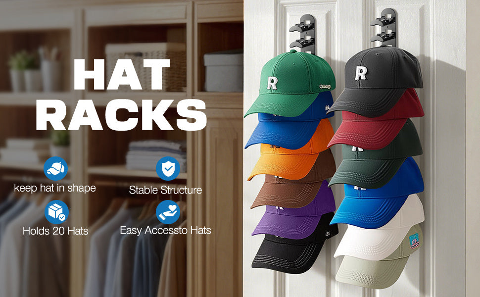 Baseball Cap Rack, Multi-functional Adhesive or Wall-drilled Installation Cap Rack, Multi-layer Cap Storage, Durable Plastic, Wall-mounted Cap Hook That Can Hold up to 20 Caps, Suitable for Closet Doors and Bedrooms, Cap Storage Organizer, a Must-hav