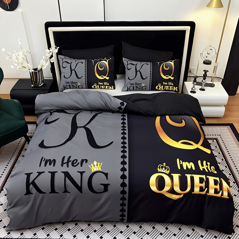 3pcs Super Soft Breathable Crown King And Queen Letter Duvet Cover Set (1 Duvet Cover+2 Pillowcases Without Pillow Core), at Home Dormitory High Definition Numerical Code Printing for Bedroom, Guest Room Decor, Suitable for All Seasons
