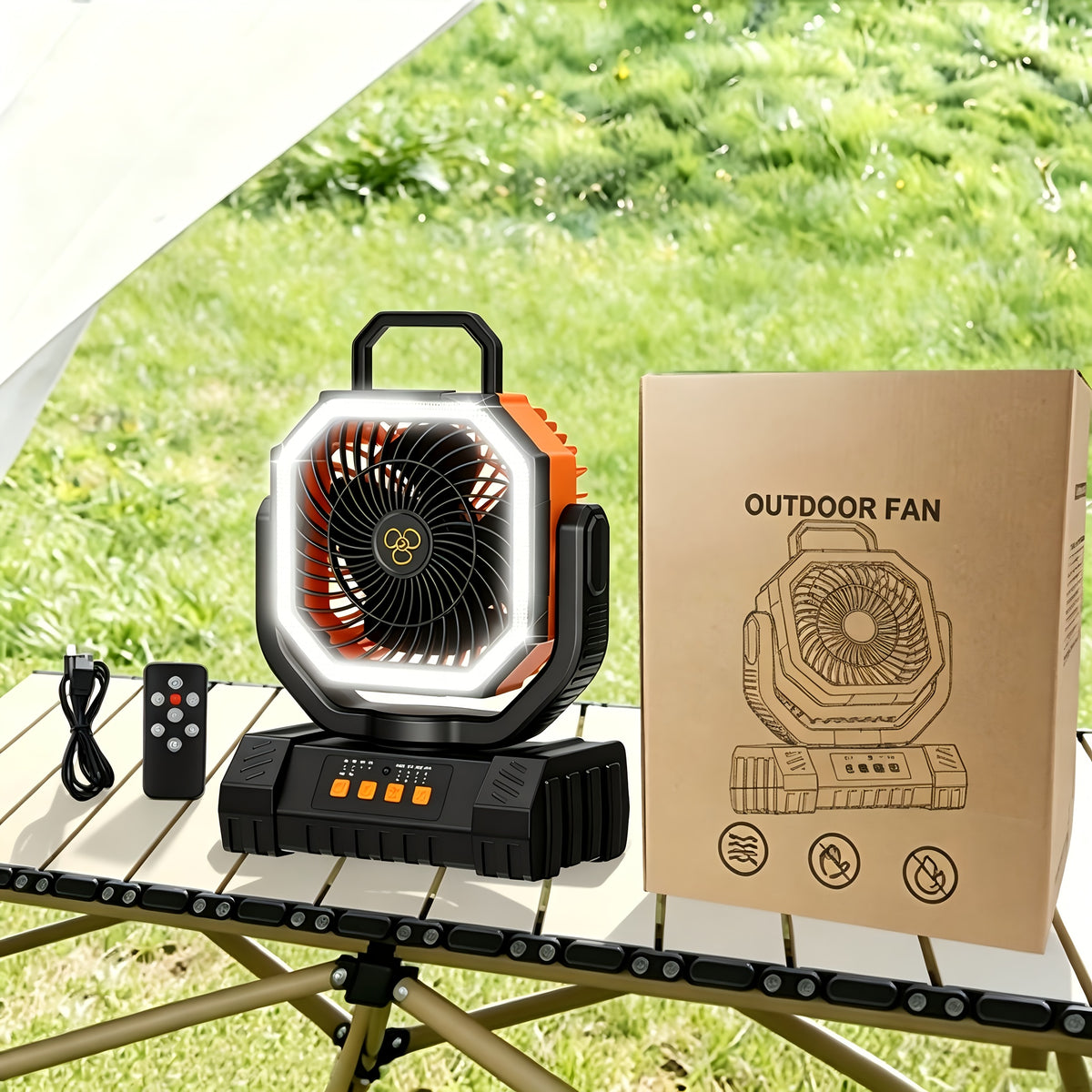 Portable Camping Fan with LED Light 20000Mah Rechargeable Battery Remote Control And Oscillating Function, 4 Wind Speeds, 90° Oscillation, 1-8 Hour Timer, Remote Control Included. Suitable for Indoor And Outdoor Use, Tents, Travel