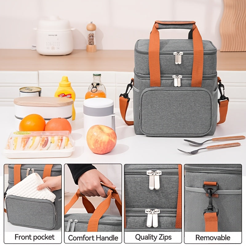 Expandable Double-Layer Insulated Lunch Bag - Leakproof, Durable Cooler Tote for Work, Office, Picnic & Beach - Lightweight with Adjustable Shoulder Strap