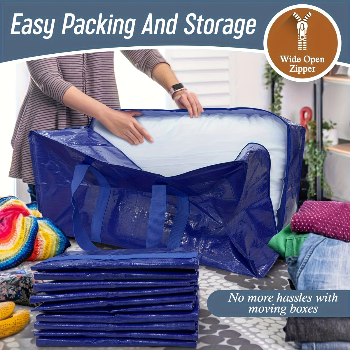 6/2 Pack Extra Heavy Duty Large Moving Bags with Strong Zipper And Comfortable Handles, Sturdy And Durable Clothes Storage Bags Totes Bins, Packing Moving Boxes for College Supplies, Blue