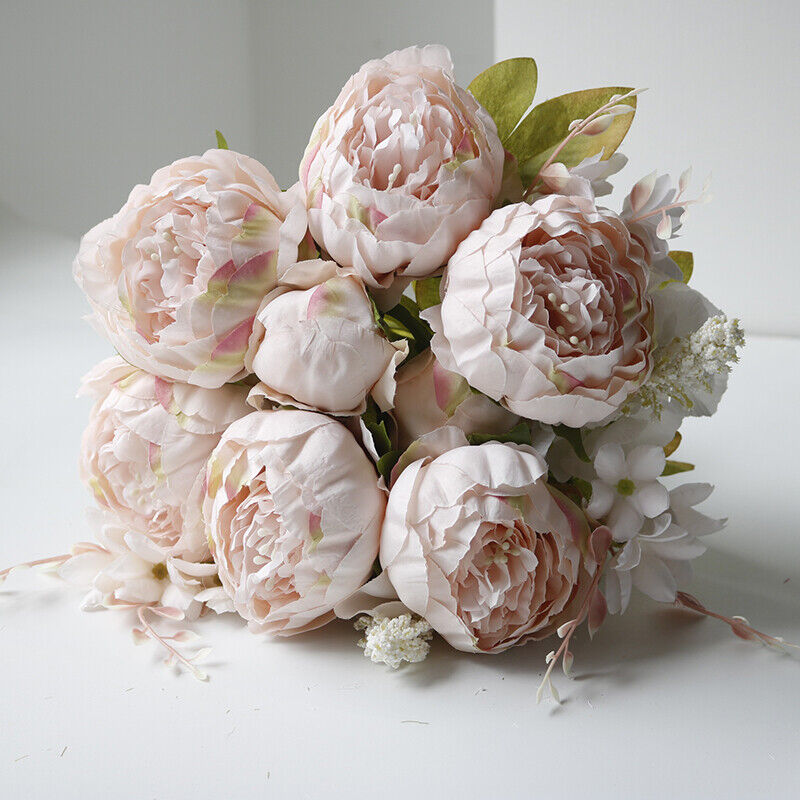 Artificial Peony Bouquet with 13 Flower Heads and Green Foliage, Colorful Faux Blooms for Wedding Centerpieces, Home Vases and Office Decor