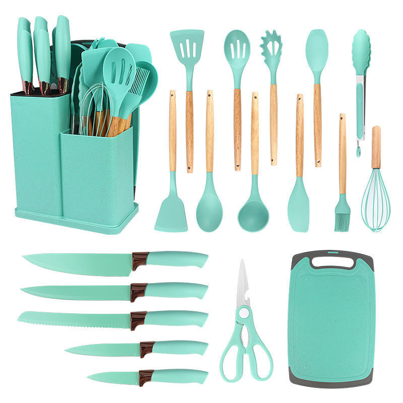 19pcs Non-Stick Silicone Cookware Set with Bamboo Storage Containers And Knives - Heat-Resistant Pots, Pans, Utensils - Kitchen Tools for Frying, Boiling - for Induction Stovetops And Ovens (Wooden Handle)