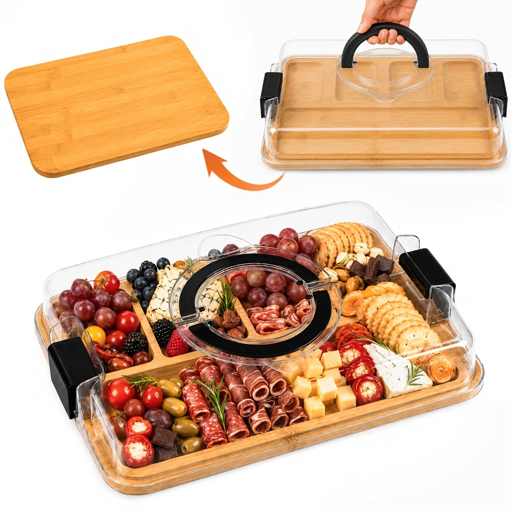 Cutting Board Charcuterie Tray with Clear Lid, 5-Compartment Bamboo Serving Board with Handle And Side Locks, Reusable Snack Platter for Cheese, Fruit, Crackers, Appetizers, Party, Picnic, Kitchen, Holiday Gathering