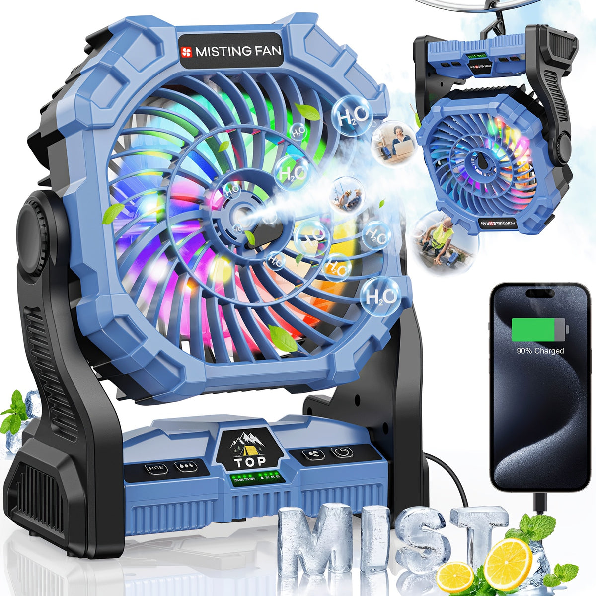 20000mAh Rechargeable Camping Fan, Basic/ Misting/ Solar Panel Options, 4 Speed Settings, RGB Mood Lighting, Tent Hook, Phone Charging, Portable Outdoor Fan For Camping, Sports Events, Power Outages & Construction Sites