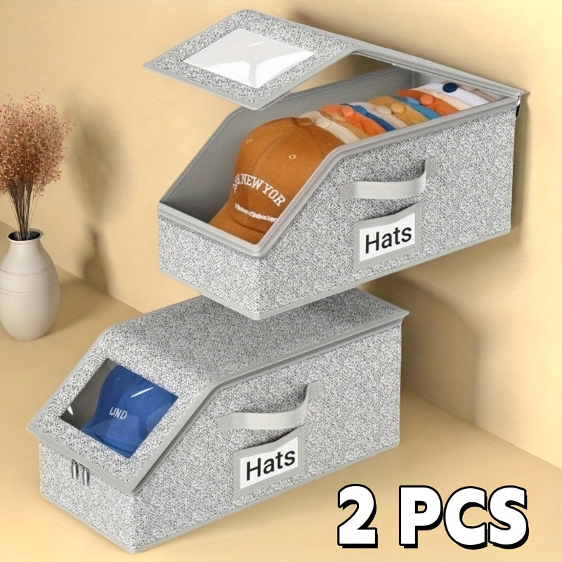 4/2pcs Stackable Baseball Cap Storage Box with Clear Viewing Window, Holds Up to 30 Caps Hat Organizer for Closet, Suitable for Men, Women, Gray, Space-Saving Design for Underwear, Socks, Toys