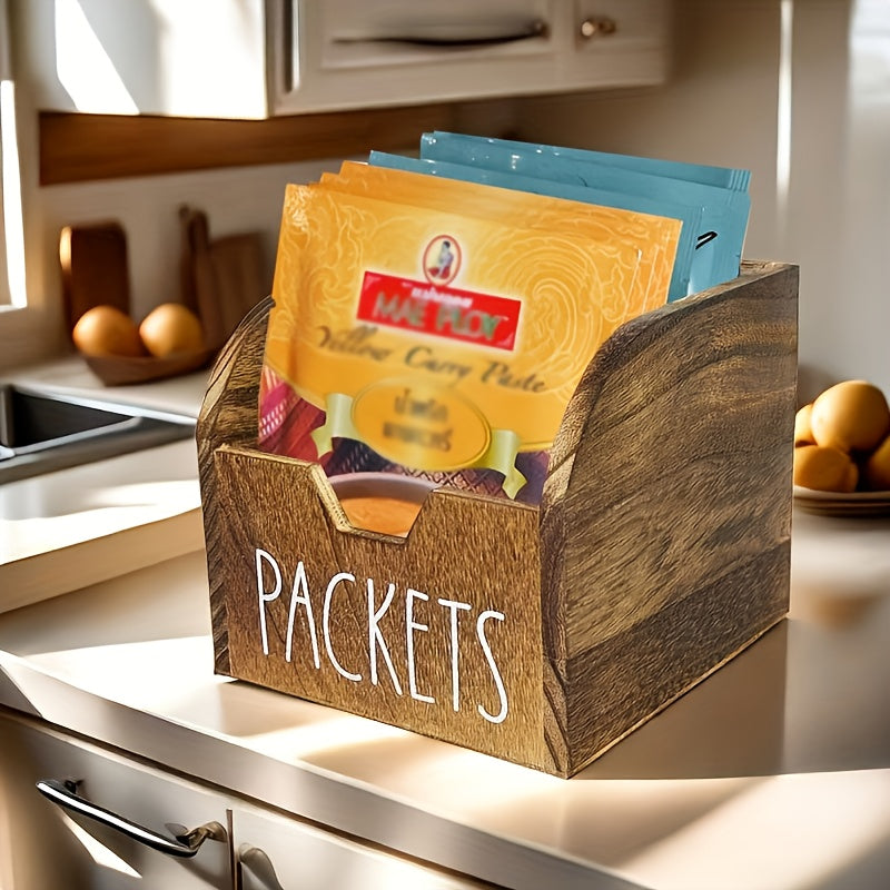 Rustic Wood Spice Box Decorative Organizer With Dividers - Large Capacity Farmhouse Style Kitchen Storage For Countertops & Cabinets, Bold Lettering Design & Window ViewAccess, High-Quality Spice Packet Holder, Spice Racks For Kitchen, Materials