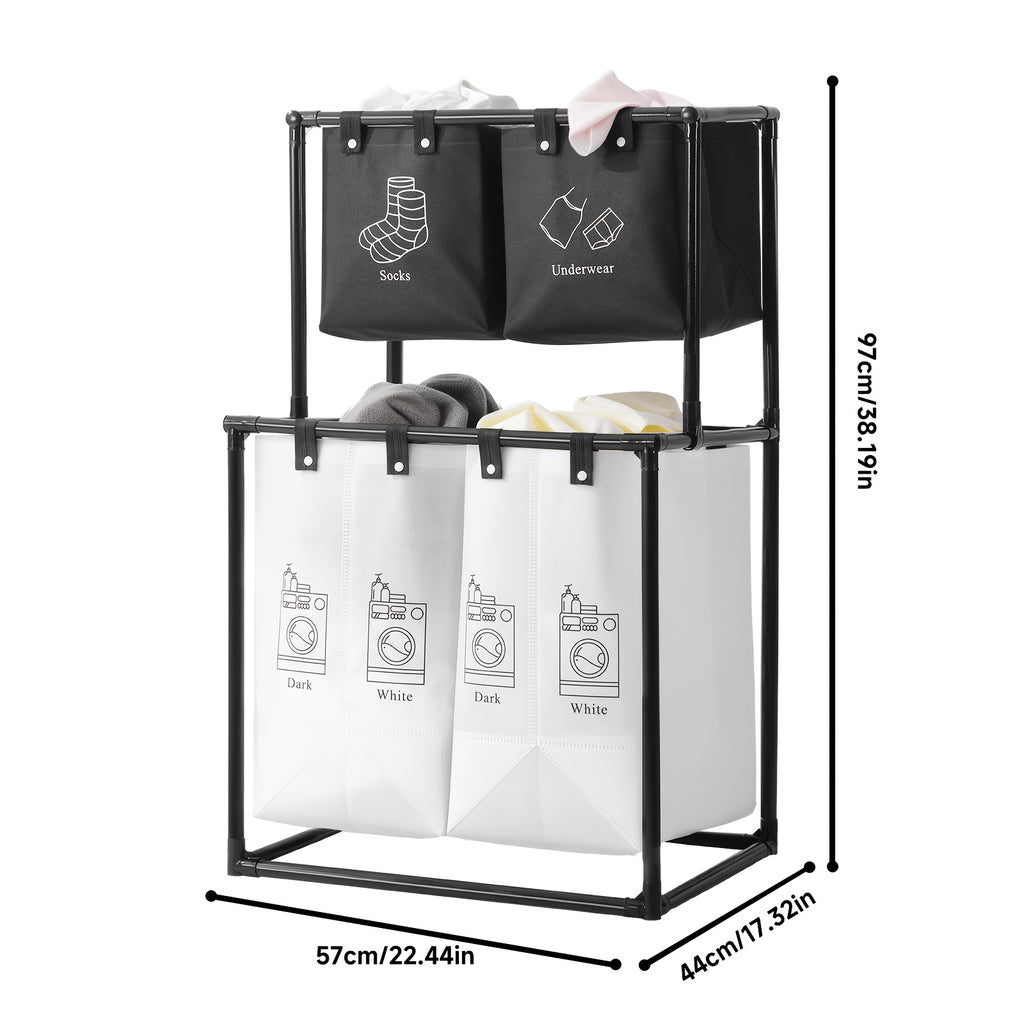 2 Compartment Laundry Hamper (No Wheels) - 2 Tier Laundry Sorter With Handles - Sturdy Metal Frame & Breathable Mesh Bags - Space Saving Clothes Organizer For Home, Apartment, Add 10 Cable Ties For Securing, Dirty Laundry Basket, Laundry Baskets
