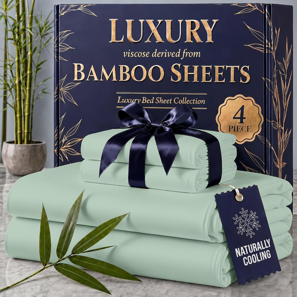 4pcs Cooling Bamboo Blend Sheet Set, Breathable Soft Sheets for Hot Sleepers, 14-Inch Deep Pocket, Twin/Full/Queen/King, Kids Room Decor, Christmas Holiday Home Decor
