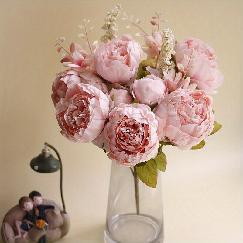 13-Head Artificial Peony Bouquet with Realistic Blooms & Lush Green Foliage - UV-Resistant Plastic Flowers with Sturdy Stems, Multi-Color Options (Pink, Red, White, Blue, Purple, Yellow, Lavender, Peach, ) for Weddings, Home, Garden, Office Decor - Indoor