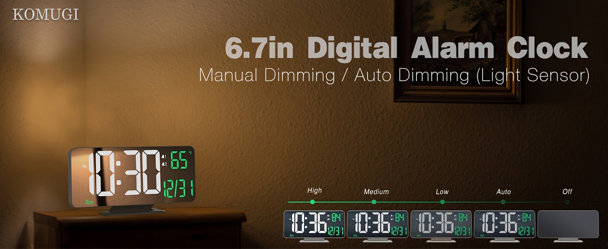 1pc Alarm Clock For Bedroom, 6. 7" Desk Digital Clock, Led Clock, Mirror Clock, Dual Alarm Clock For Living Room With Seconds, Date, Week, 12/24h, Dimming