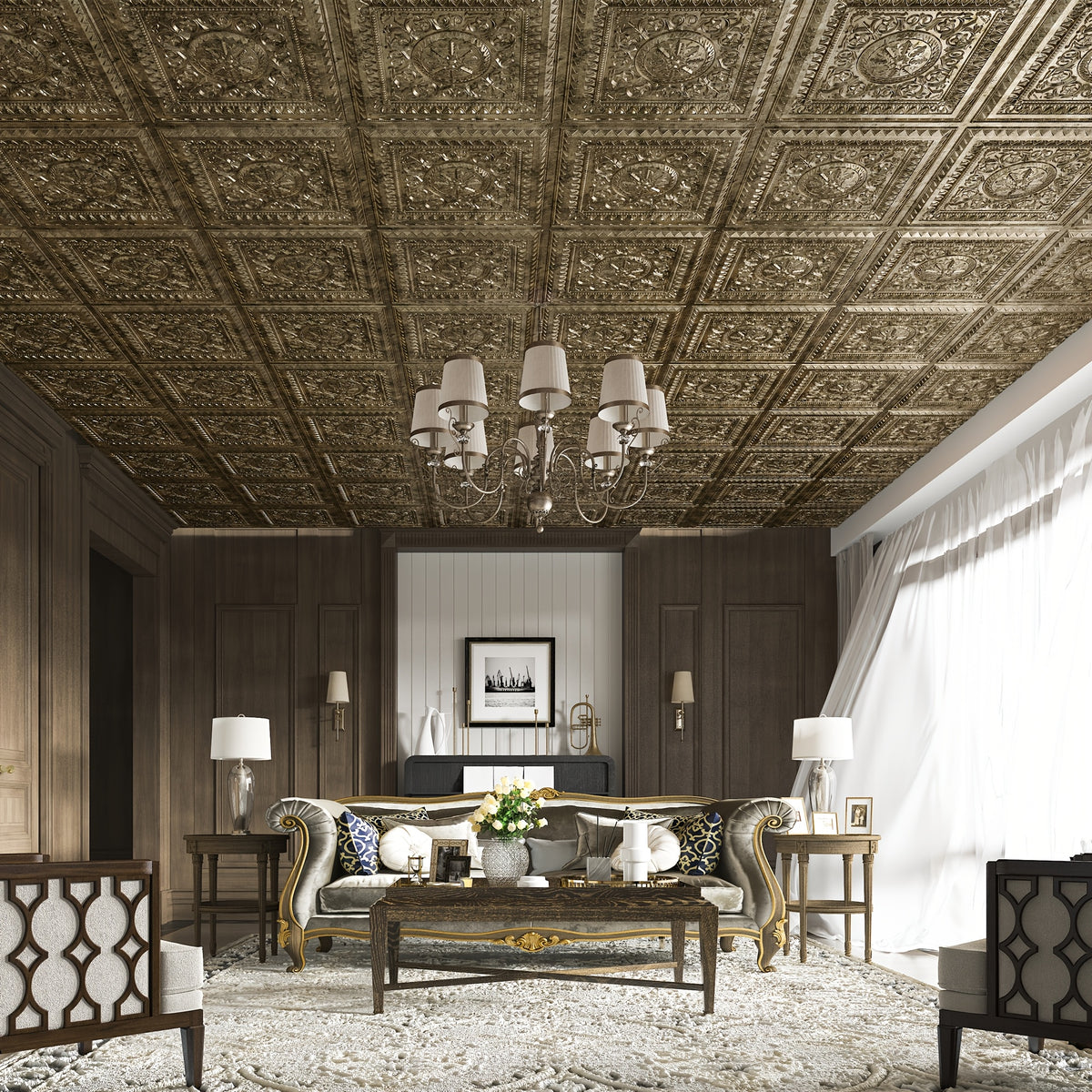 Vintage Golden Ceiling Tiles 24"x24", 12-Pack Decorative PVC Panels, Luxury Floral Design, Easy Install, Covers 48 Sq Ft