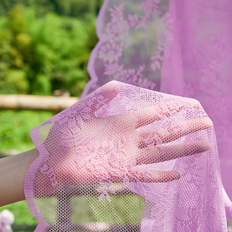 Romantic Pastoral Lace Sheer Curtain for Balcony and Office, Translucent Window Drapery with Floral Pattern, Machine Washable Polyester, Rod Pocket Design - 1pc