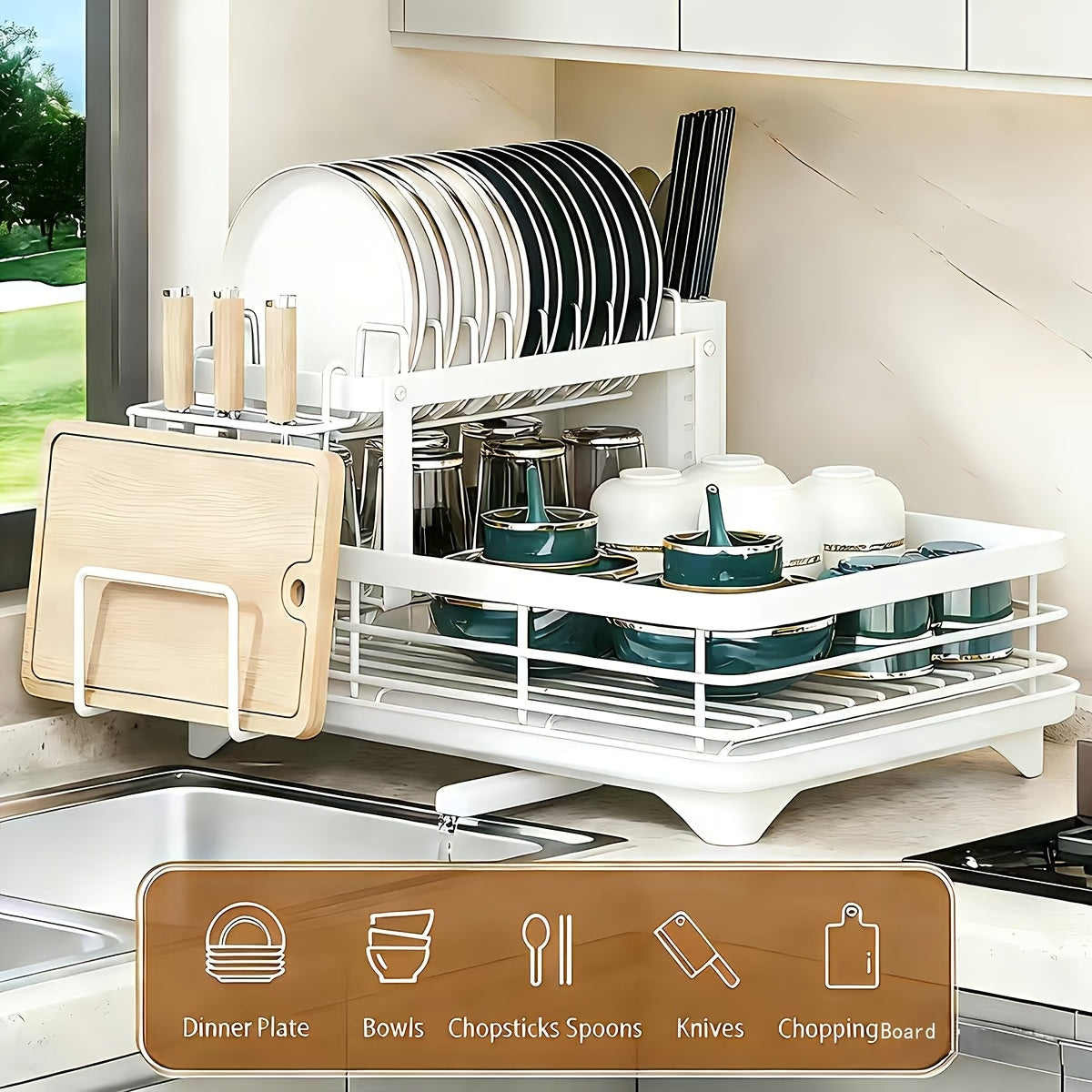 Dish Drying Rack, 2-Tier Dish Racks for Kitchen Counter, Dish Rack with Drainboard & Mat, Dish Drainer with Knife, Fork & Cup Rack, Gifts for Women, Mothers Day, Cool Stuff & Kitchen Gadgets