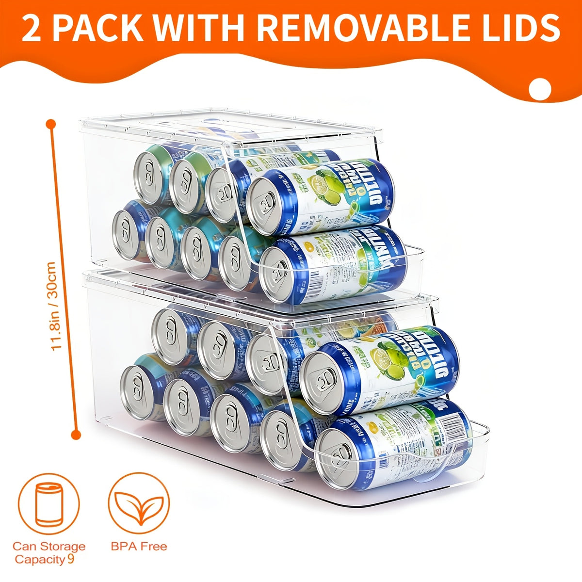 1/2 Pack Soda Can Organizer for Refrigerator Stackable Can Holder Dispenser with Lid for Fridge, Pantry, Freezer, Holds 9 Cans Each, Bpa-Free, Clear Design