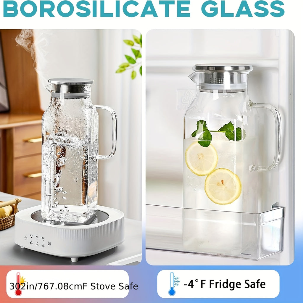 1/2 Pack 2 Liters/68 Oz Square Glass Pitcher with Lid And Handle for Fridge, Iced Tea And Coffee Carafe Beverage Serveware, Heat Resistant Borosilicate Water Jug for Hot/Cold Drinks And Milk, 304 Stainless Steel