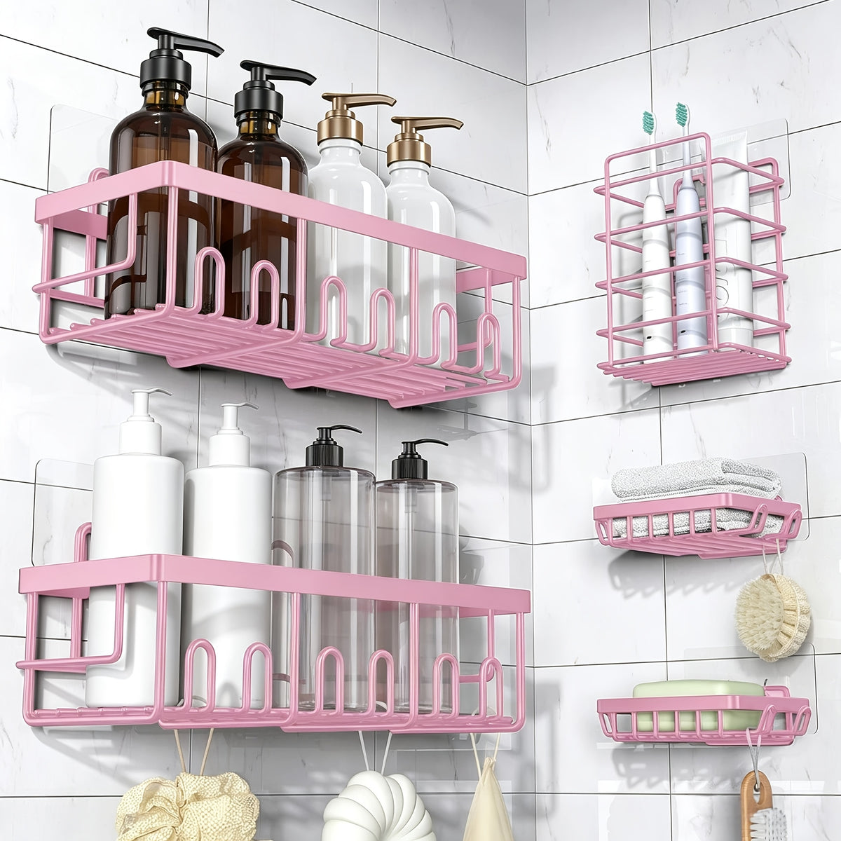 Shower Caddy Organizer, 5-Pack Adhesive Rustproof Stainless Steel Shower Shelves with Soap Holder, No Drilling Shower Storage Rack for Family Renters Bathroom, Random Colors to Choose, Shower Caddies