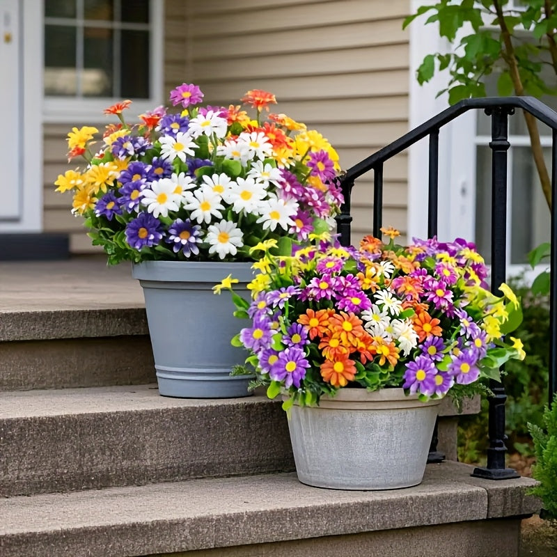 Mixed Color Artificial Daisy Flowers, 10 Bundles of UV-Resistant Plastic Faux Blooms for Front Porch Planters, Garden Displays and Wedding Decor