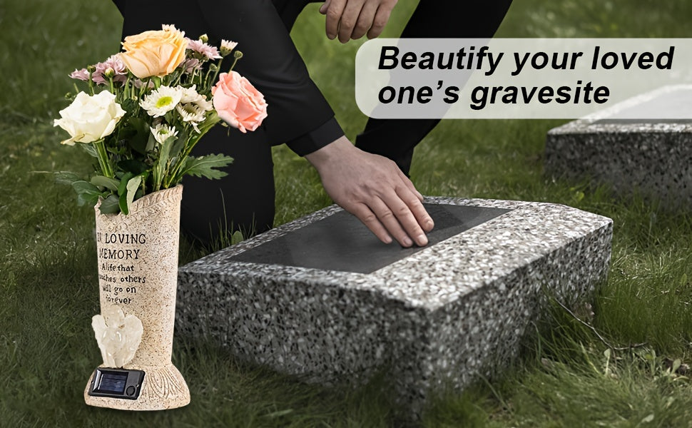 Solar Cemetery Grave Vase with LED for Fresh/Artificial Flowers Headstones Vases with Spikes Gravestone Decor Memorial Gifts for Loss of Loved One