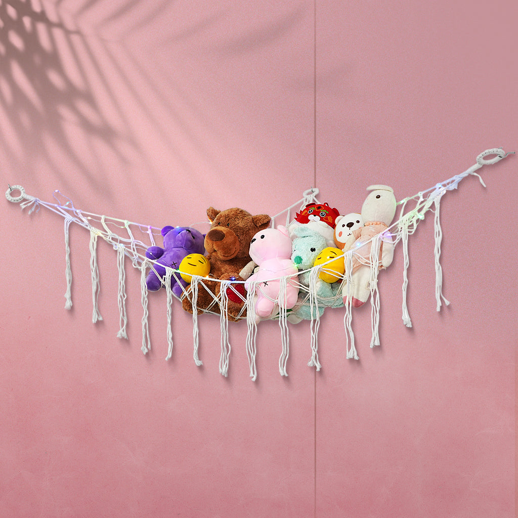Stuffed Animal Storage Hammock with Lights, Polyester Corner Hanging Plush Toy Net with 3 Hooks in Pink, Blue, White or Black for Bedroom Organization