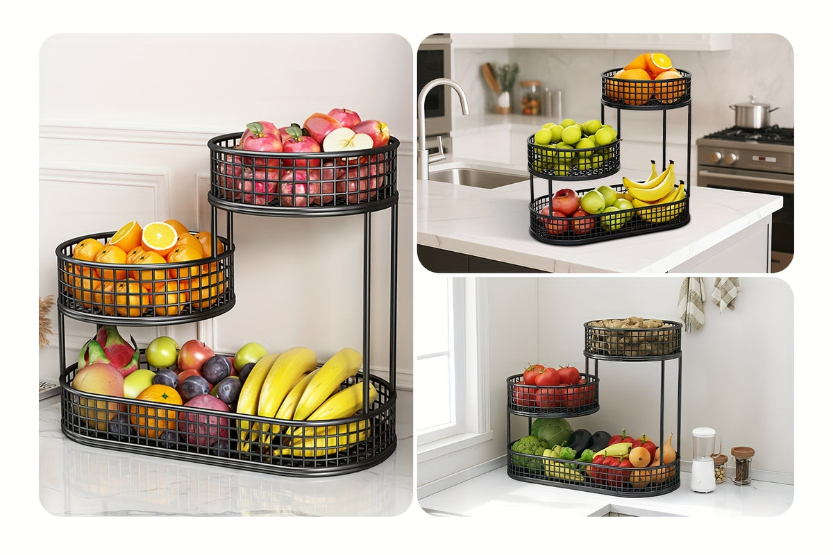 Large Capacity 3-Tier Black Metal Fruit Basket, Efficient Kitchen Organization, Perfect for Fruits, Vegetables, Bread, Snacks