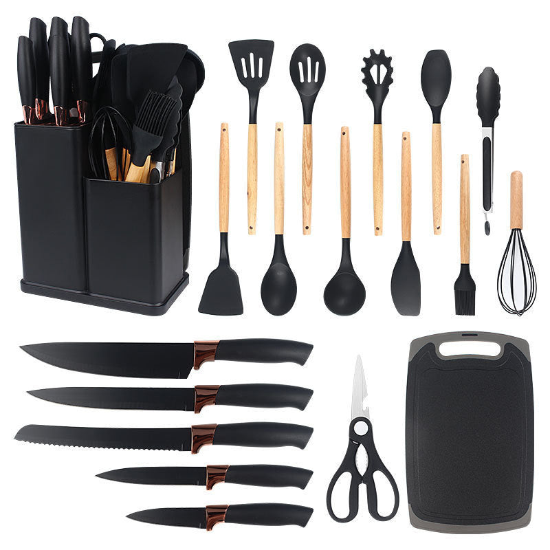 19pcs Non-Stick Silicone Cookware Set with Bamboo Storage Containers And Knives - Heat-Resistant Pots, Pans, Utensils - Kitchen Tools for Frying, Boiling - for Induction Stovetops And Ovens (Wooden Handle)