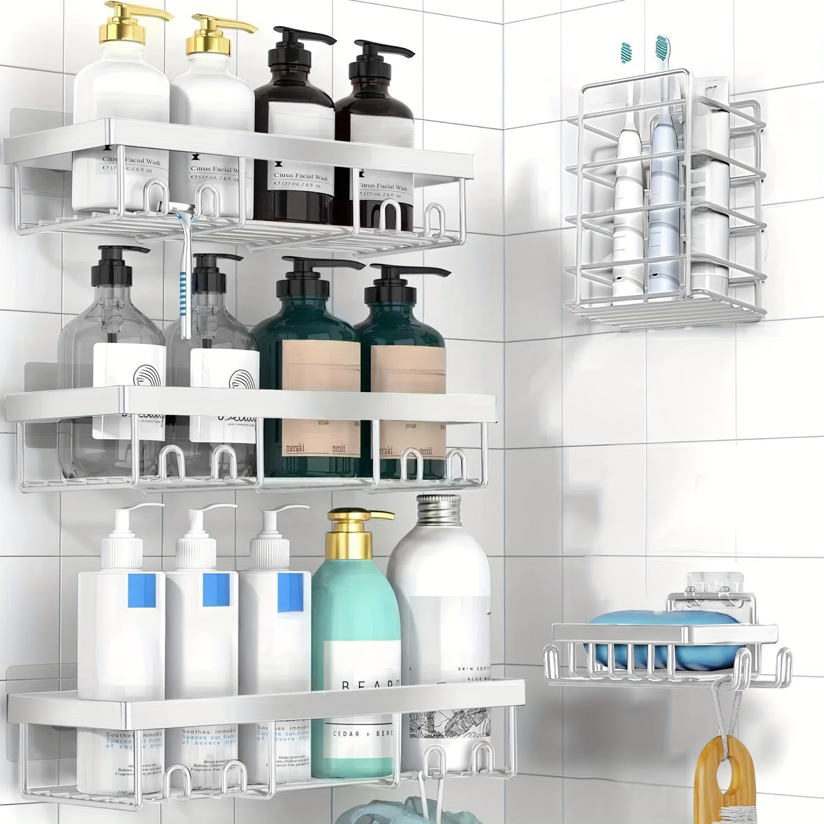 Shower Caddy, 5 Pack Shower Organizer Rack for Inside Shower, Self Adhesived Shower Shelf Large Capacity Rustproof Stainless Steel Bathroom Wall Storage Shower Basket, Random Color Properties to Choose, Shower Caddies