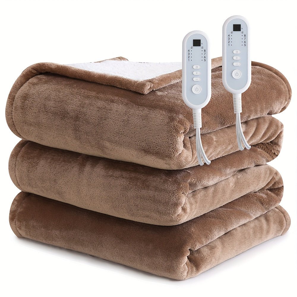 Extra Large Flannel And Electric Blanket with Time And Temperature Control, 10 Hour Auto-Off, 8 Temperature Levels, Queen/King Two Controllers, Throw/Twin/Full with 1 Controller, Machine Washable, PTC+NTC Overheat Protection