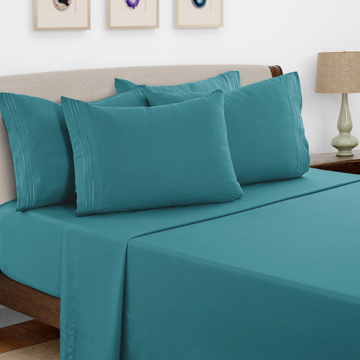 Lux Decor 6 Pieces Solid Bed Sheets Set - Modern Soft Comfortable Bedding Set, Hotel Luxury Skin Friendly Cooling Sheets & Embroidered Pillowcases Without Filler - All Seasons Bed Sheet with 16 Inches deep Pocket, Breathable Skin Friendly & Cooling Sheets