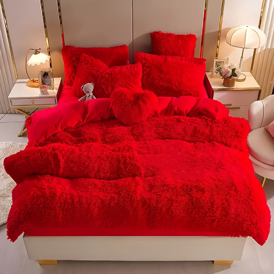 3/4pcs Plush Faux Fur Comforter Cover Set for Kids & Teens - Includes Pillowcases + Plush Heart Pillow - Twin/ Queen/ King Sizes - Super Soft, Warm, Machine Washable (Duvet Cover Only, No Comforter)